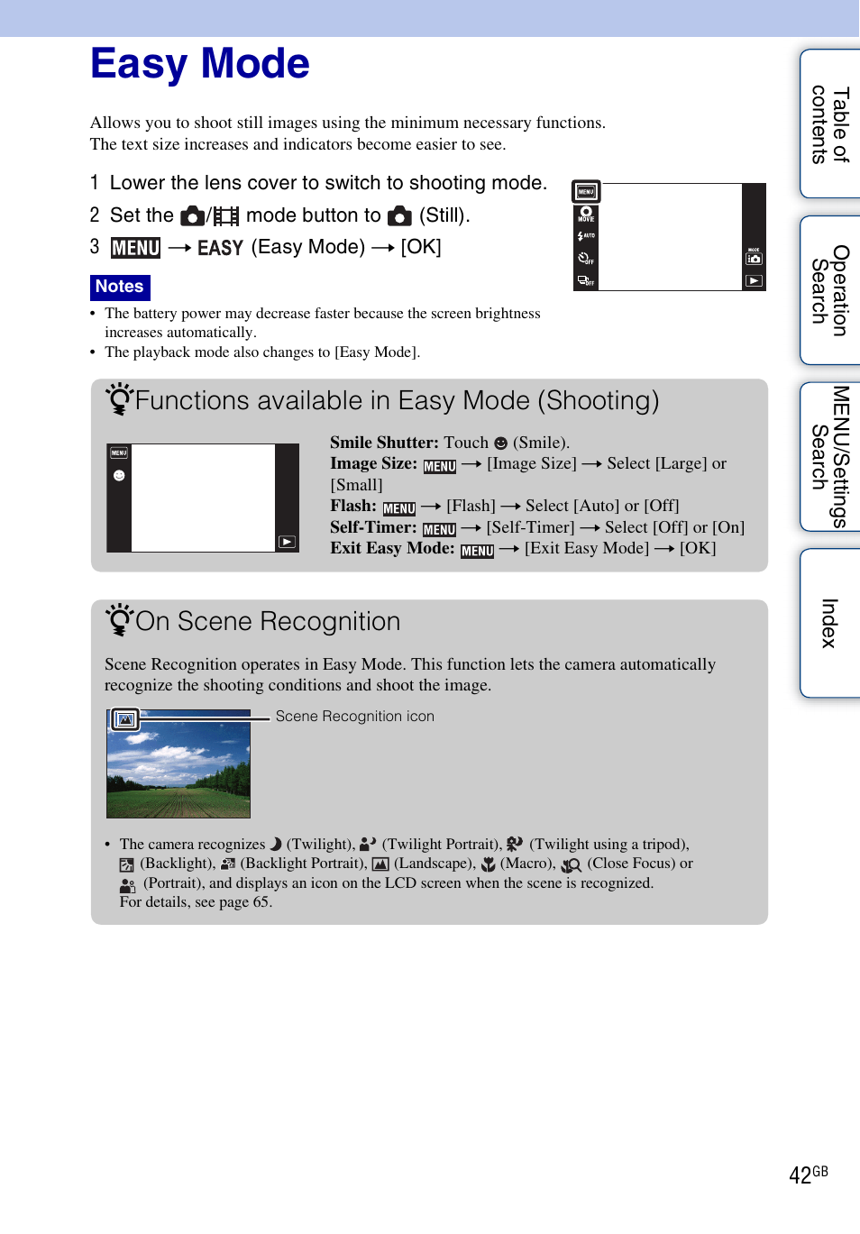 Easy mode, Functions available in easy mode (shooting), On scene recognition | Sony DSC-TX7 User Manual | Page 42 / 168