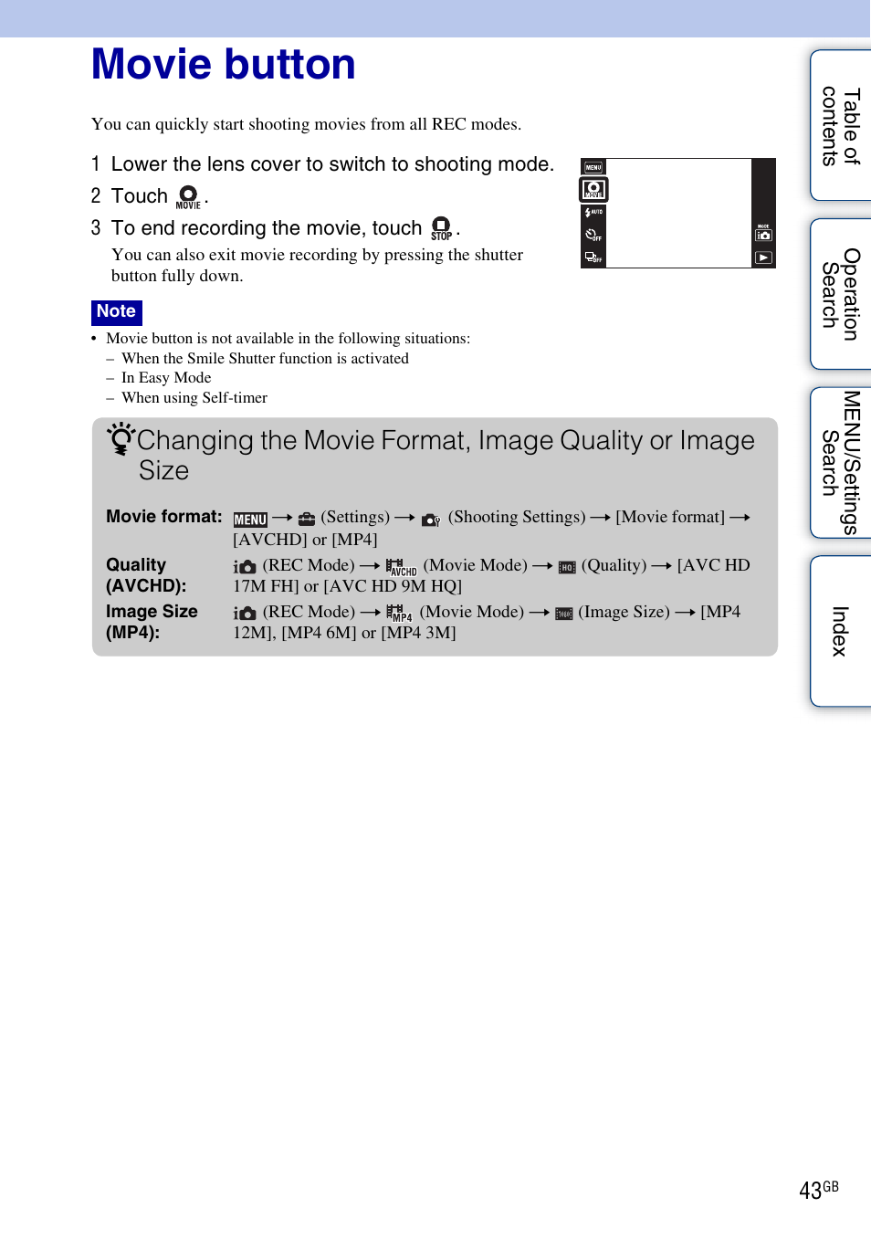 Movie button | Sony DSC-TX7 User Manual | Page 43 / 168