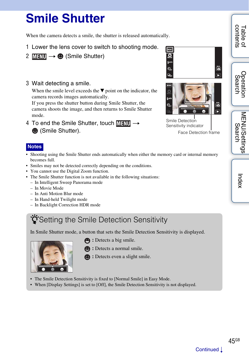 Smile shutter, Setting the smile detection sensitivity | Sony DSC-TX7 User Manual | Page 45 / 168