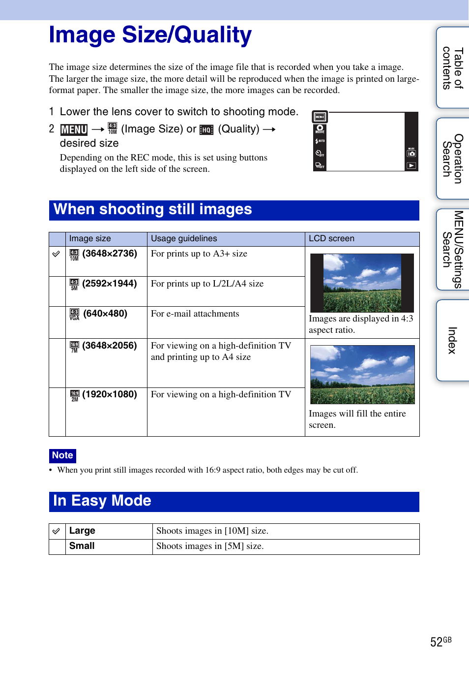 Image size/quality, When shooting still images | Sony DSC-TX7 User Manual | Page 52 / 168