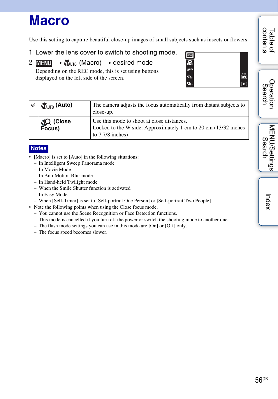 Macro | Sony DSC-TX7 User Manual | Page 56 / 168