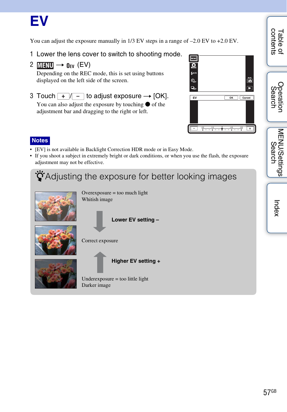 Adjusting the exposure for better looking images | Sony DSC-TX7 User Manual | Page 57 / 168