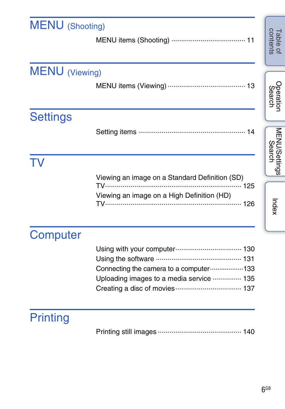 Menu, Settings, Computer | Printing | Sony DSC-TX7 User Manual | Page 6 / 168