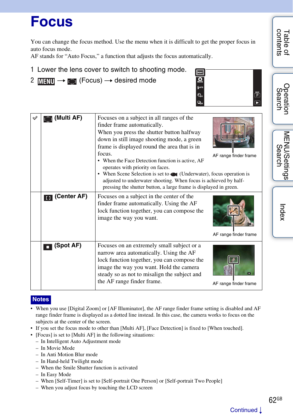 Focus | Sony DSC-TX7 User Manual | Page 62 / 168