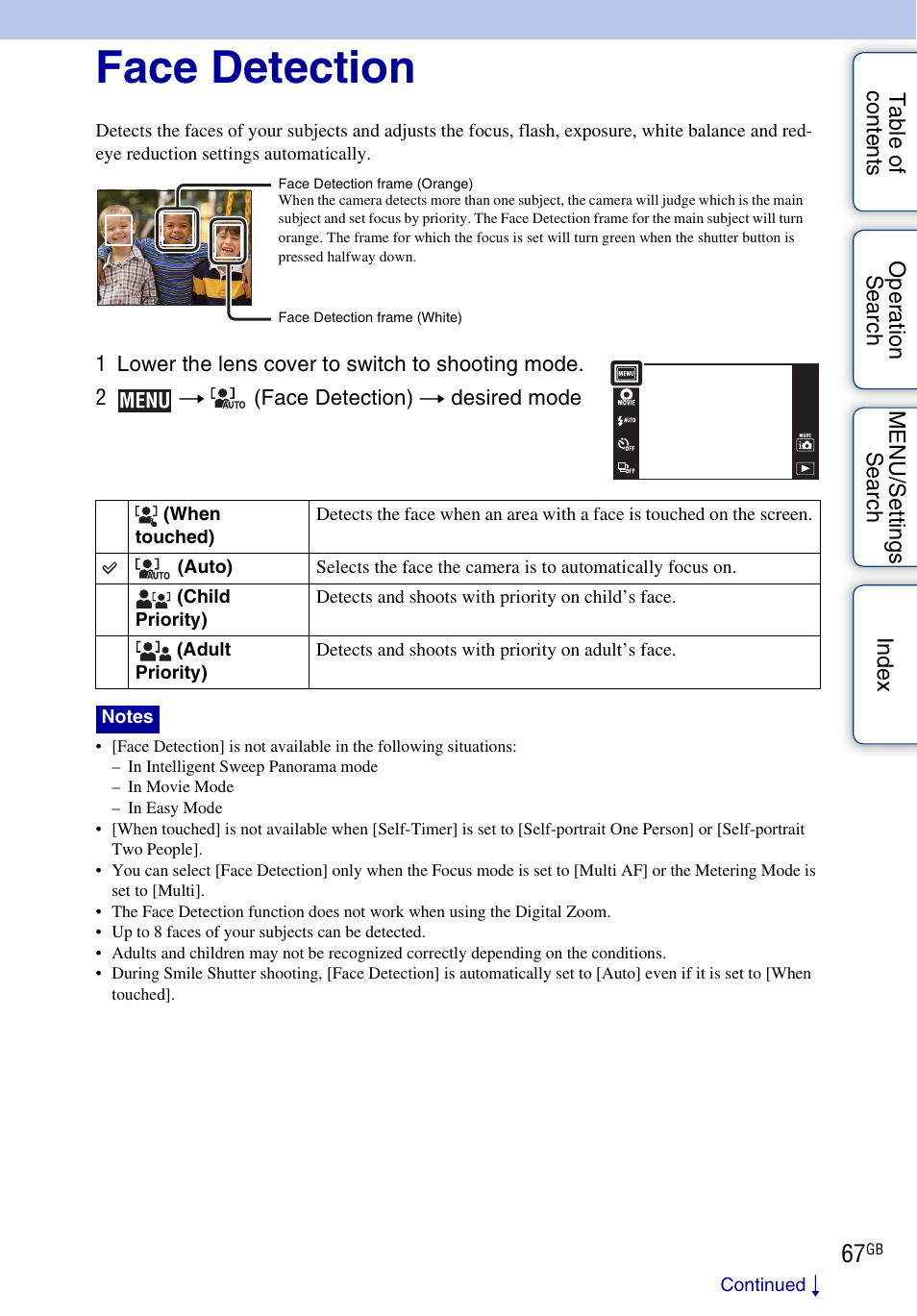 Face detection | Sony DSC-TX7 User Manual | Page 67 / 168