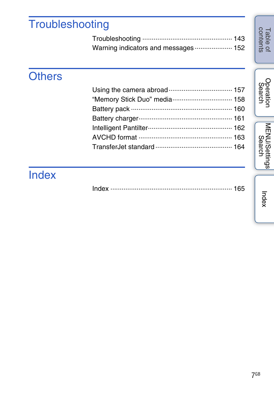 Troubleshooting, Others, Index | Sony DSC-TX7 User Manual | Page 7 / 168