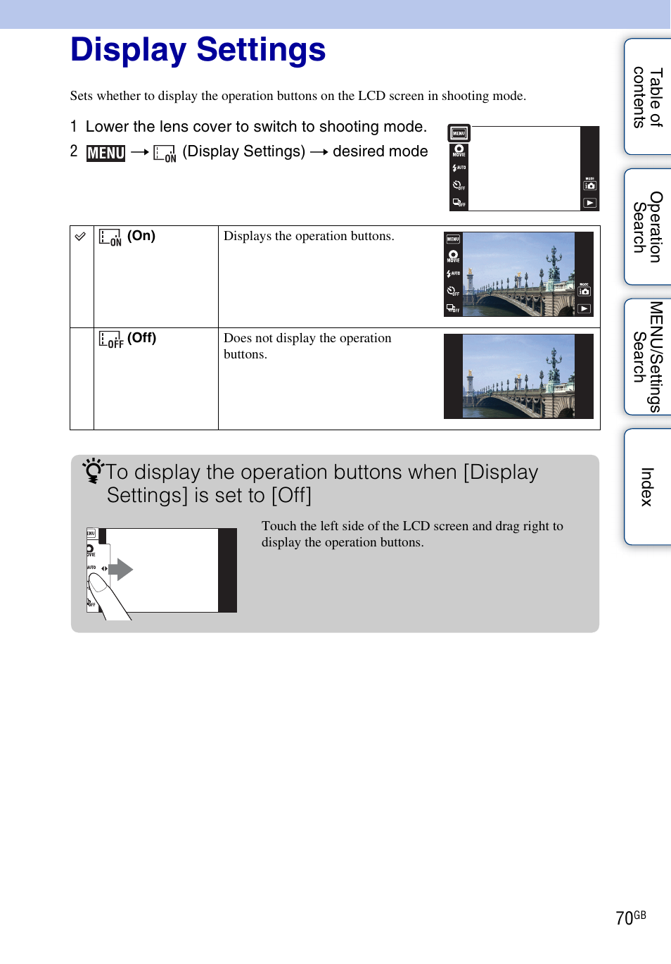 Display settings | Sony DSC-TX7 User Manual | Page 70 / 168