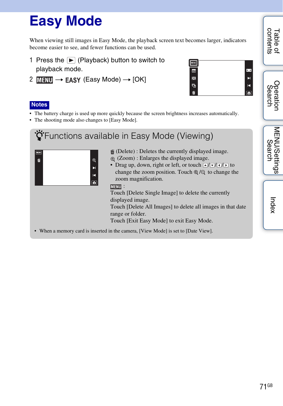 Easy mode, Easy mode), Functions available in easy mode (viewing) | Sony DSC-TX7 User Manual | Page 71 / 168