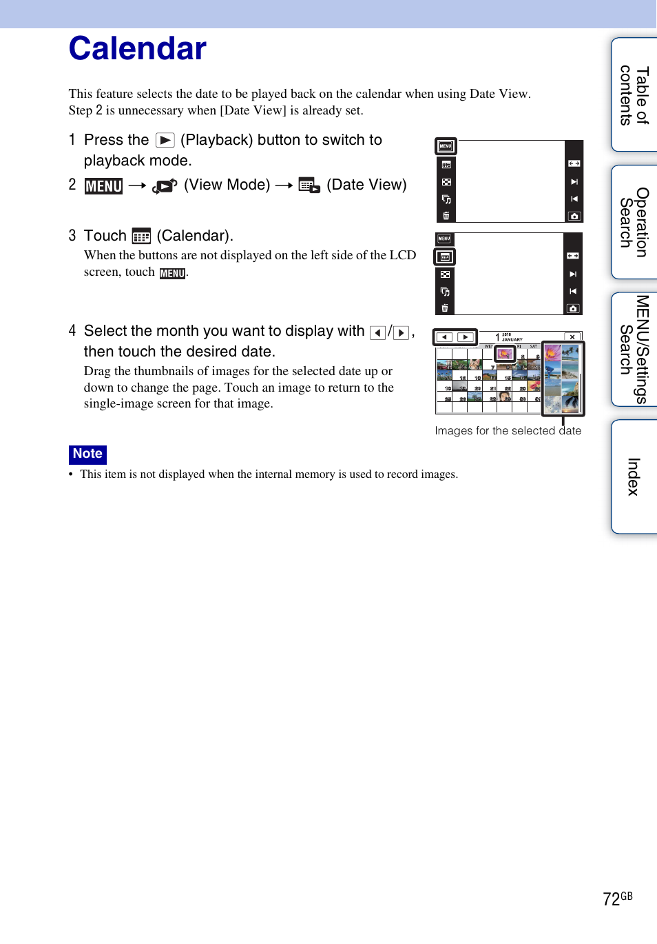 Calendar, Calendar) | Sony DSC-TX7 User Manual | Page 72 / 168