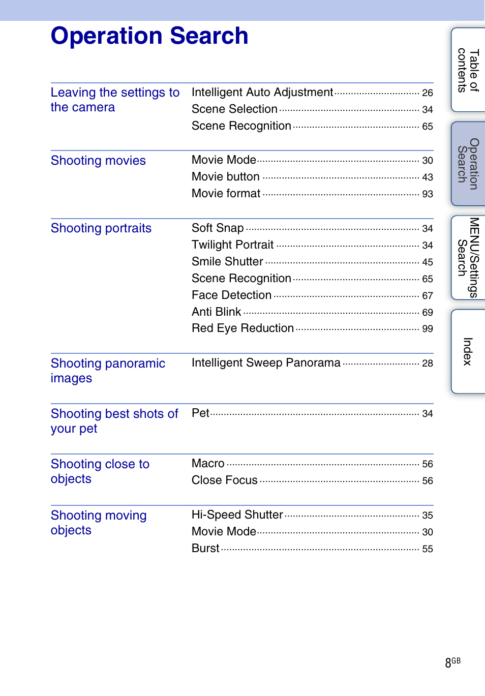 Operation search, Perat, Earc | Sony DSC-TX7 User Manual | Page 8 / 168