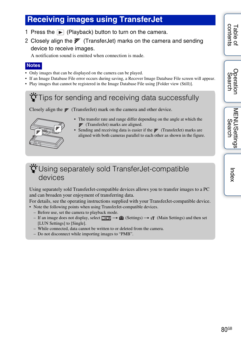 Receiving images using transferjet, Tips for sending and receiving data successfully | Sony DSC-TX7 User Manual | Page 80 / 168