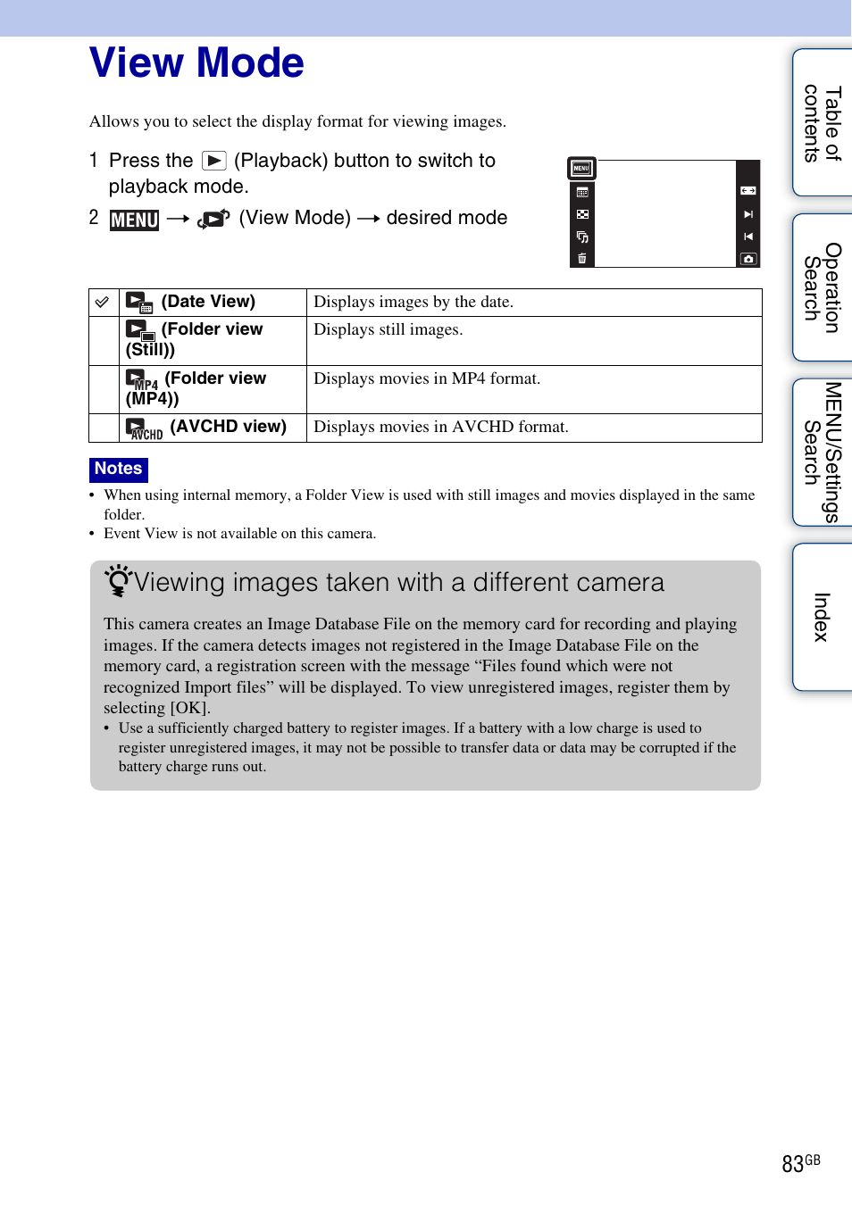 View mode, View mode), Viewing images taken with a different camera | Sony DSC-TX7 User Manual | Page 83 / 168