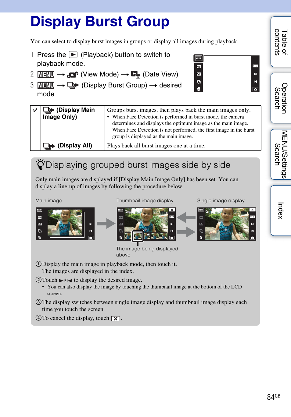 Display burst group, Display burst group), Displaying grouped burst images side by side | Sony DSC-TX7 User Manual | Page 84 / 168