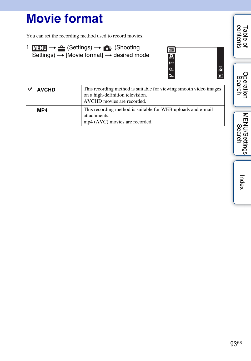 Movie format | Sony DSC-TX7 User Manual | Page 93 / 168