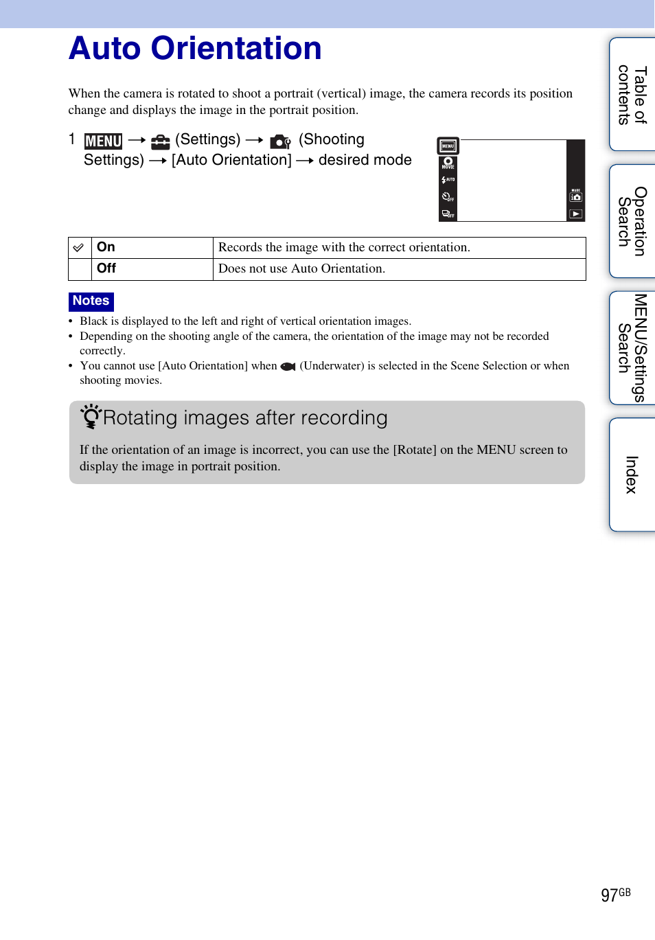 Auto orientation, Rotating images after recording | Sony DSC-TX7 User Manual | Page 97 / 168