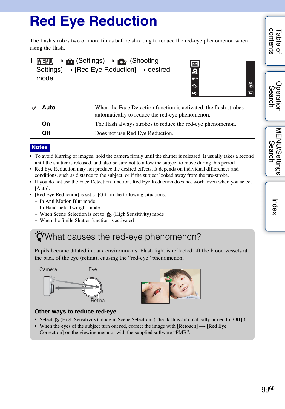 Red eye reduction, What causes the red-eye phenomenon | Sony DSC-TX7 User Manual | Page 99 / 168