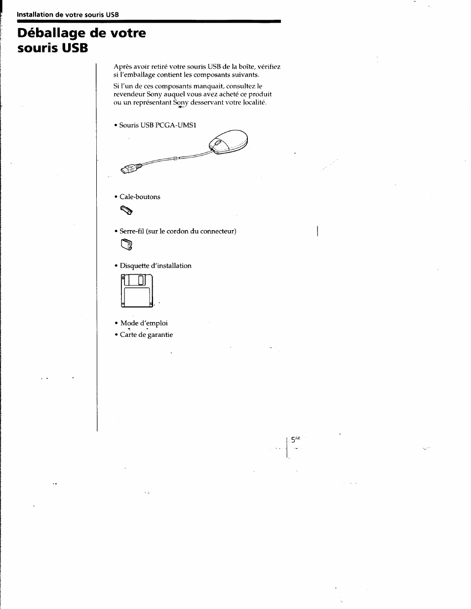 Déballage de votre souris usb | Sony PCGA-UMS1 User Manual | Page 23 / 56