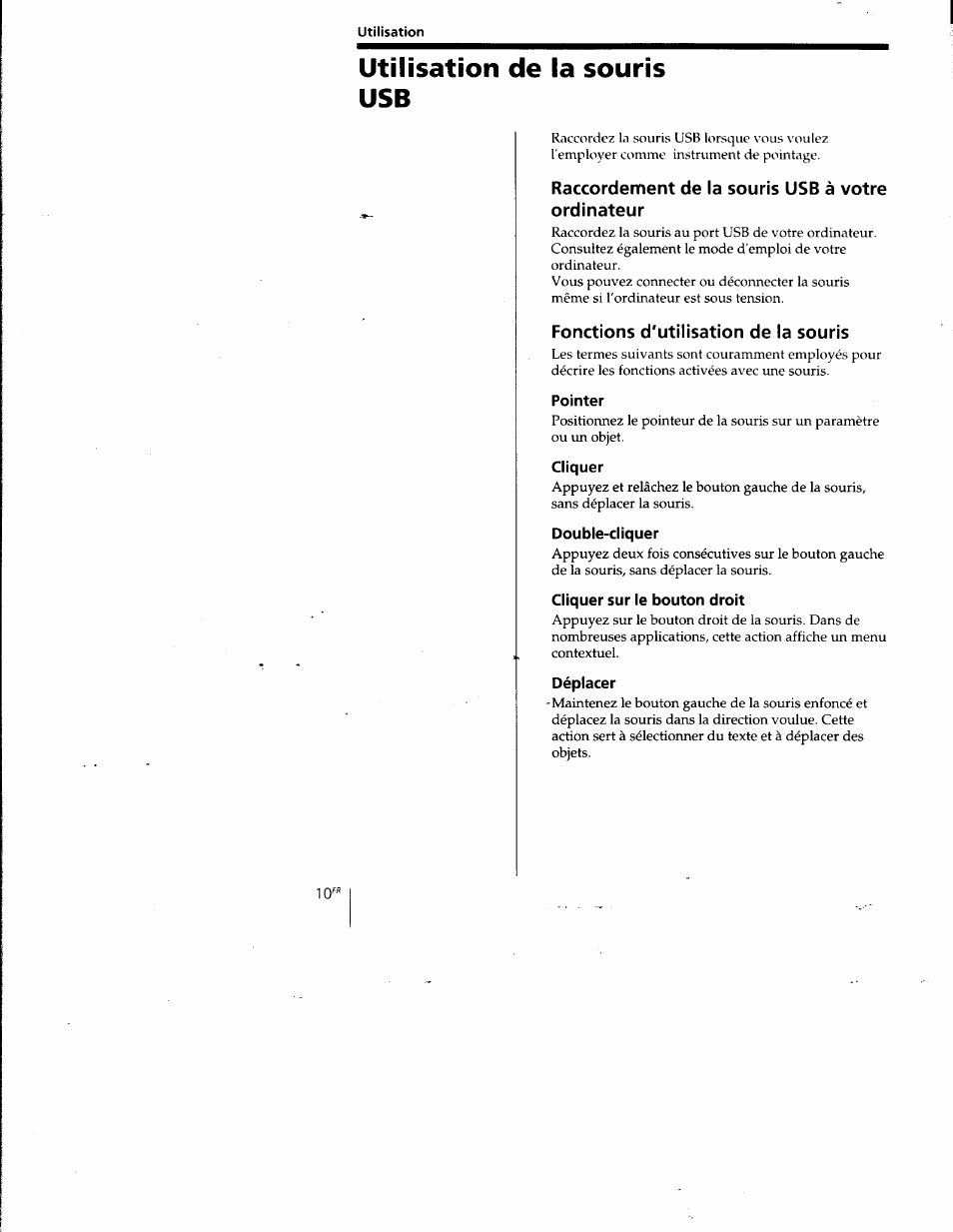 Utilisation de la souris usb, Raccordement de la souris usb à votre ordinateur, Fonctions d'utilisation de la souris | Pointer, Cliquer, Double-cliquer, Cliquer sur le bouton droit, Déplacer | Sony PCGA-UMS1 User Manual | Page 28 / 56