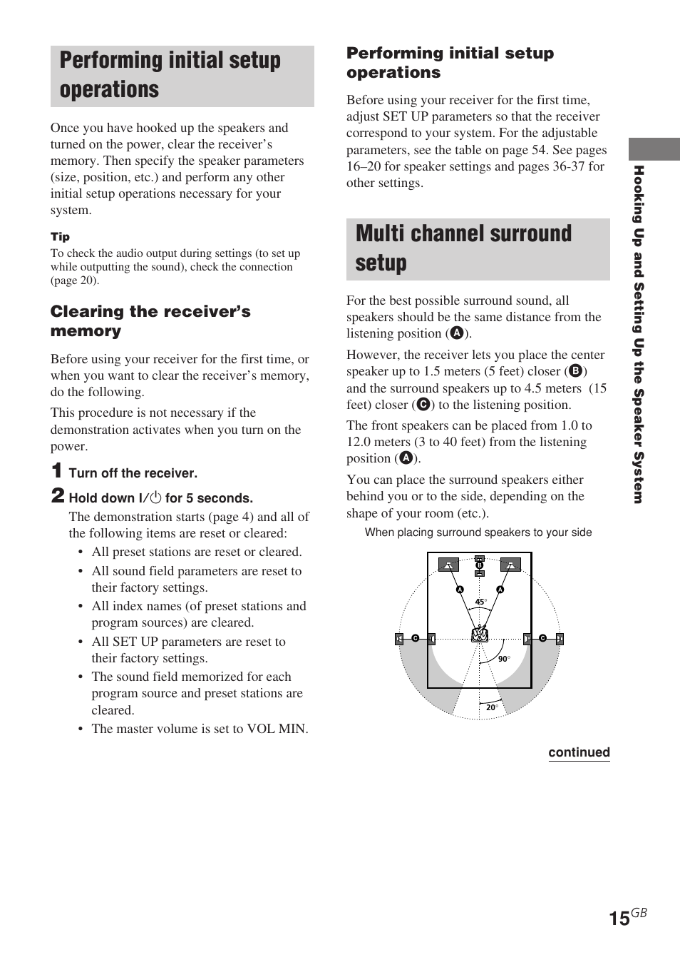 Performing initial setup operations, Multi channel surround setup | Sony STR-DE585 User Manual | Page 15 / 56