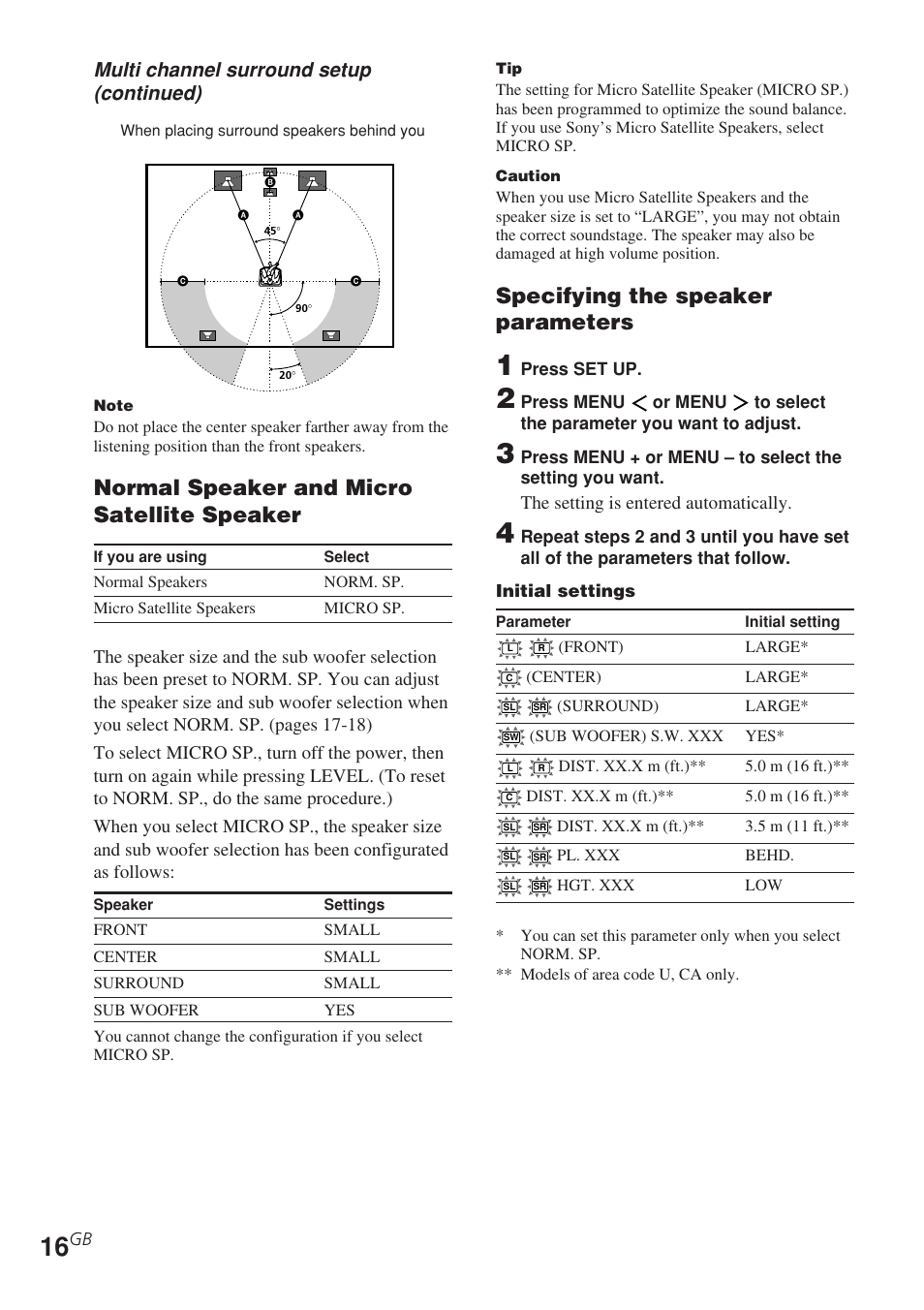 Normal speaker and micro satellite speaker, Specifying the speaker parameters, Multi channel surround setup (continued) | Sony STR-DE585 User Manual | Page 16 / 56