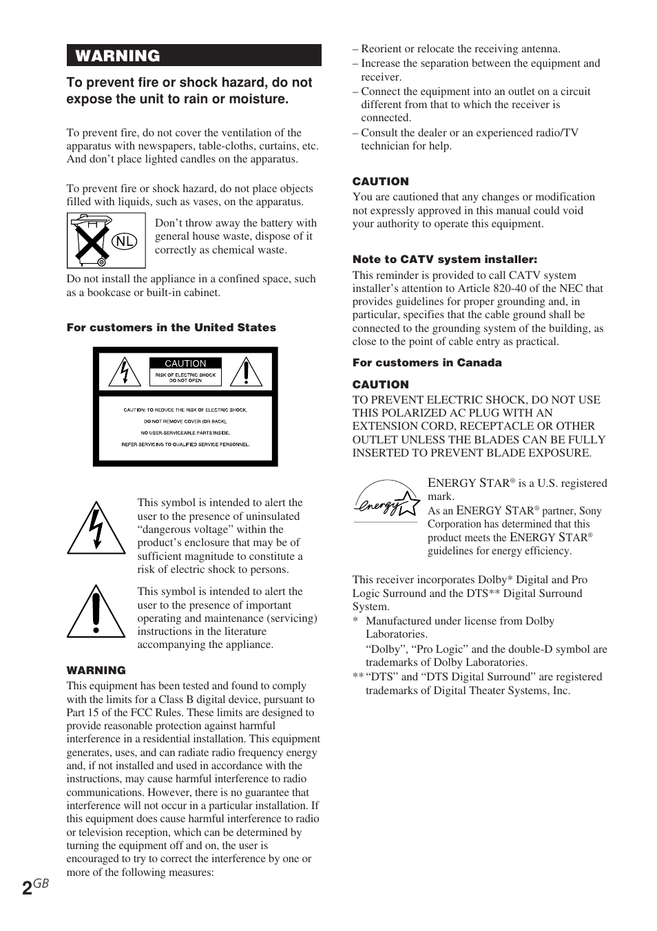 Warning | Sony STR-DE585 User Manual | Page 2 / 56