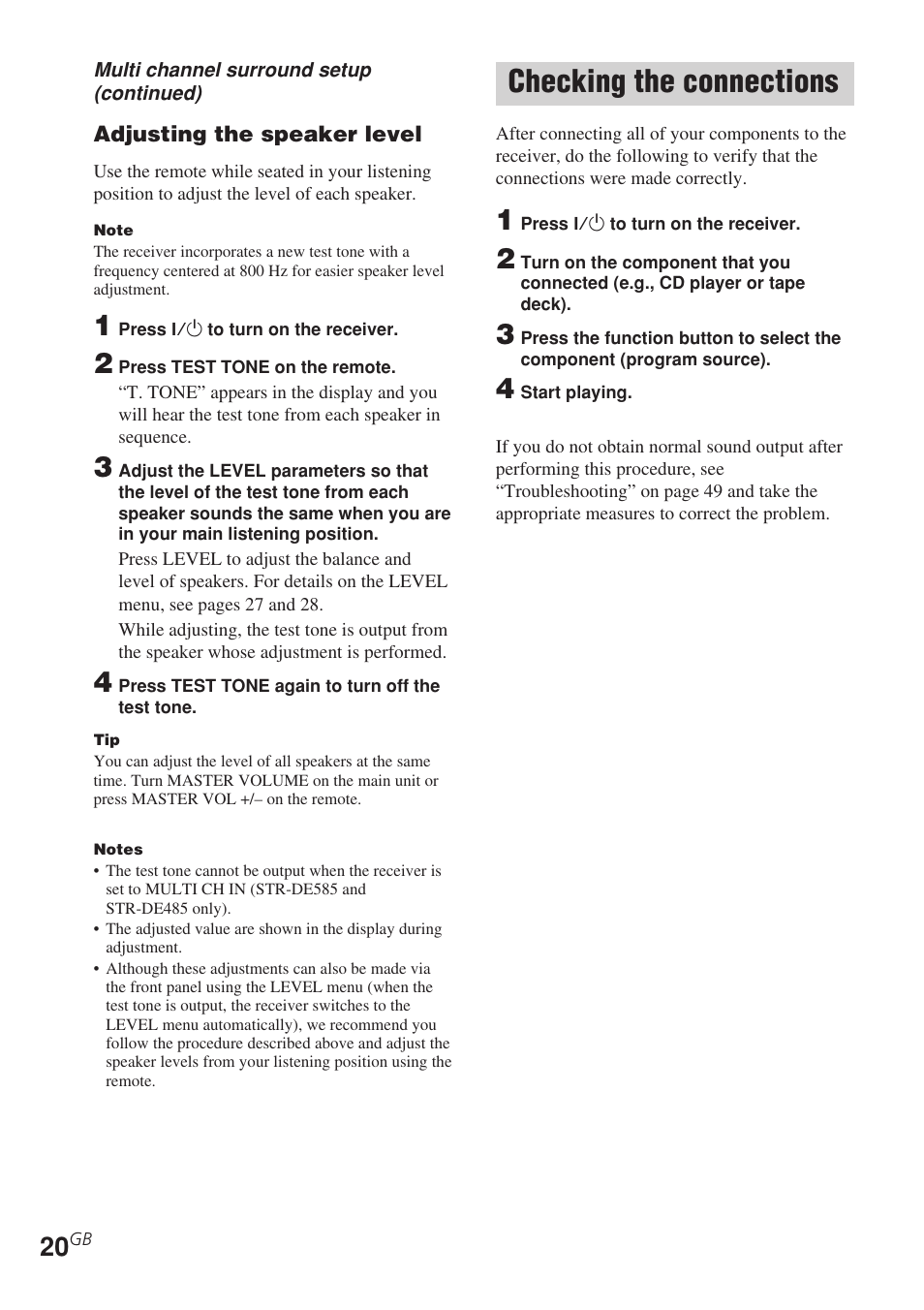 Checking the connections | Sony STR-DE585 User Manual | Page 20 / 56