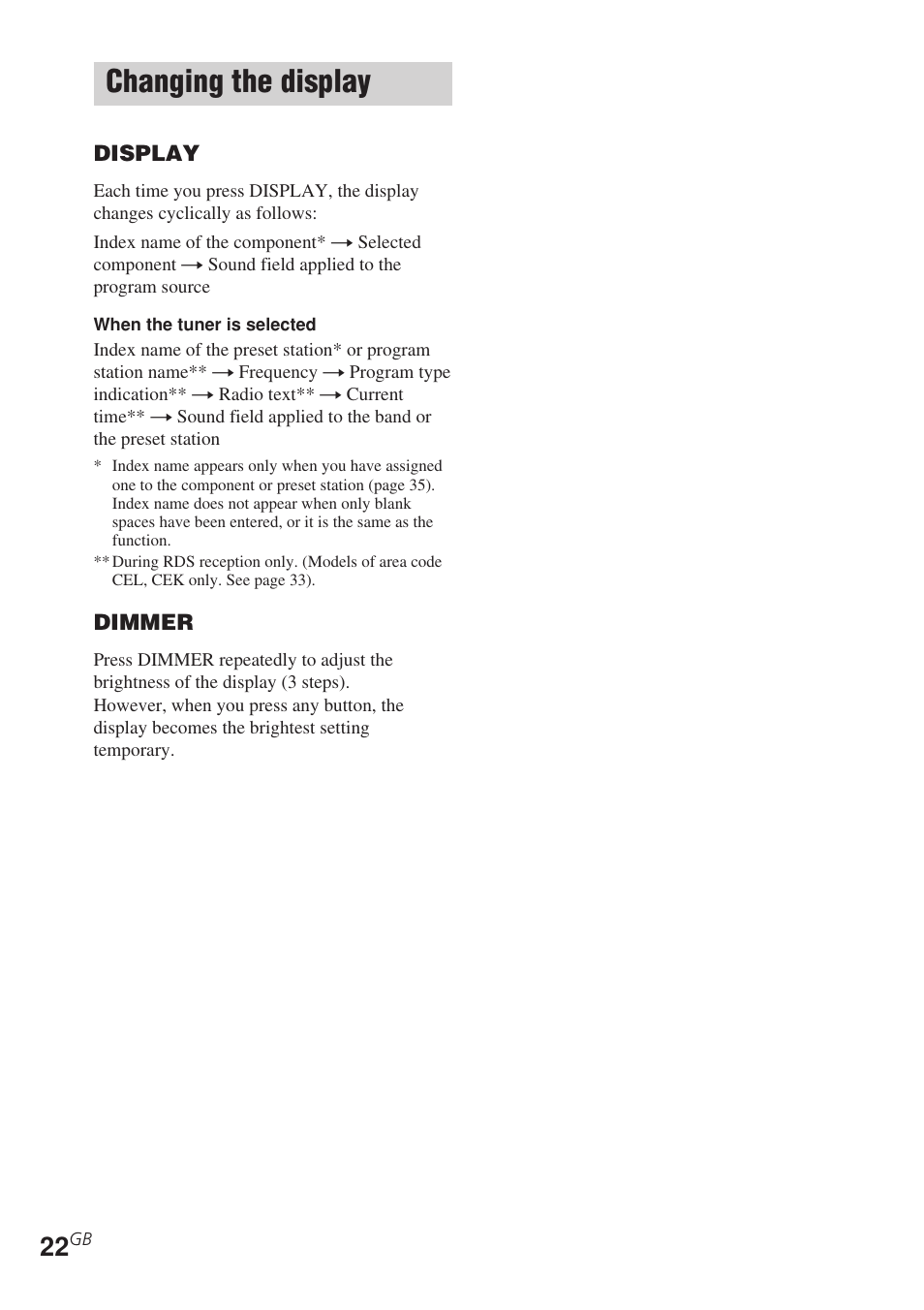 Changing the display | Sony STR-DE585 User Manual | Page 22 / 56