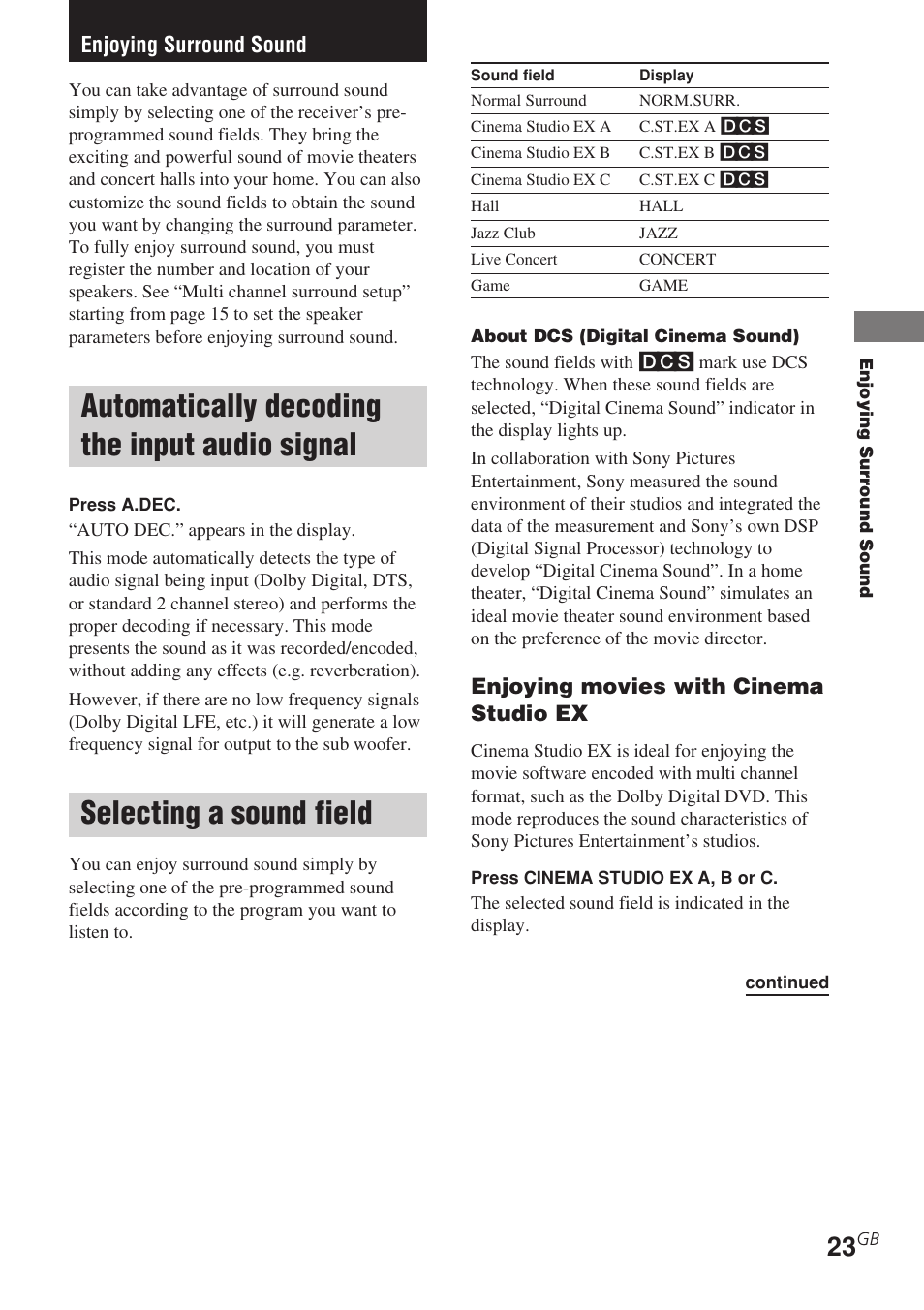 Enjoying surround sound, Automatically decoding the input, Audio signal | Selecting a sound field, Automatically decoding the input audio signal | Sony STR-DE585 User Manual | Page 23 / 56