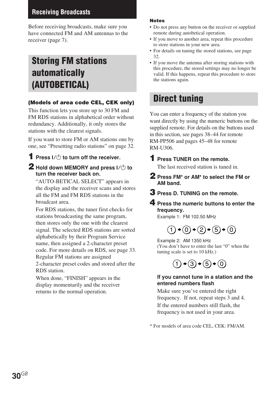Receiving broadcasts, Storing fm stations automatically, Autobetical) | Direct tuning, Storing fm stations automatically (autobetical) | Sony STR-DE585 User Manual | Page 30 / 56