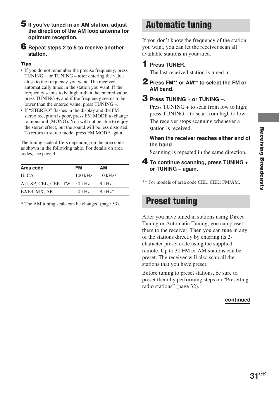 Automatic tuning preset tuning, Automatic tuning, Preset tuning | Sony STR-DE585 User Manual | Page 31 / 56