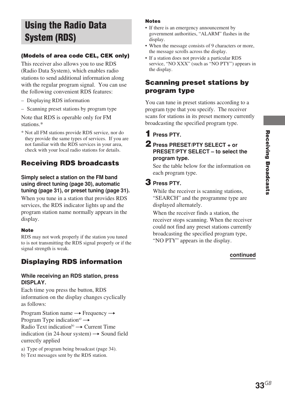 Using the radio data system (rds) | Sony STR-DE585 User Manual | Page 33 / 56