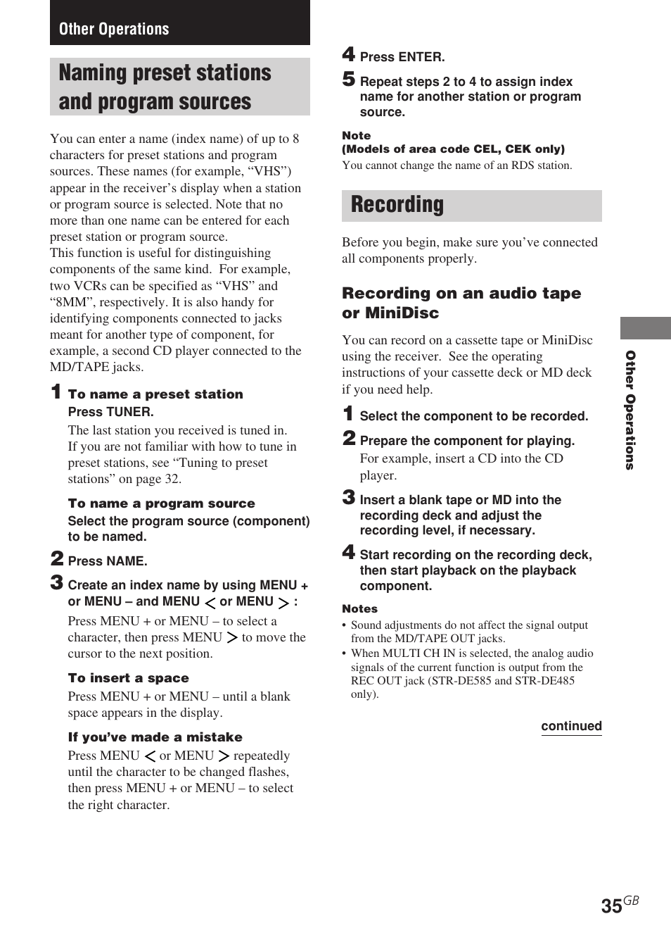 Other operations, Naming preset stations and program, Sources | Recording, Naming preset stations and program sources | Sony STR-DE585 User Manual | Page 35 / 56