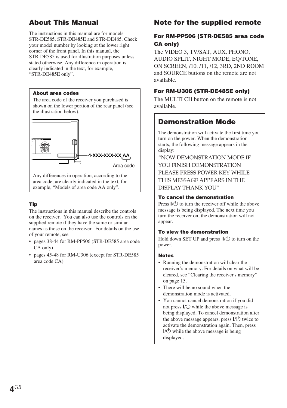 About this manual, Demonstration mode, The multi ch button on the remote is not available | Sony STR-DE585 User Manual | Page 4 / 56