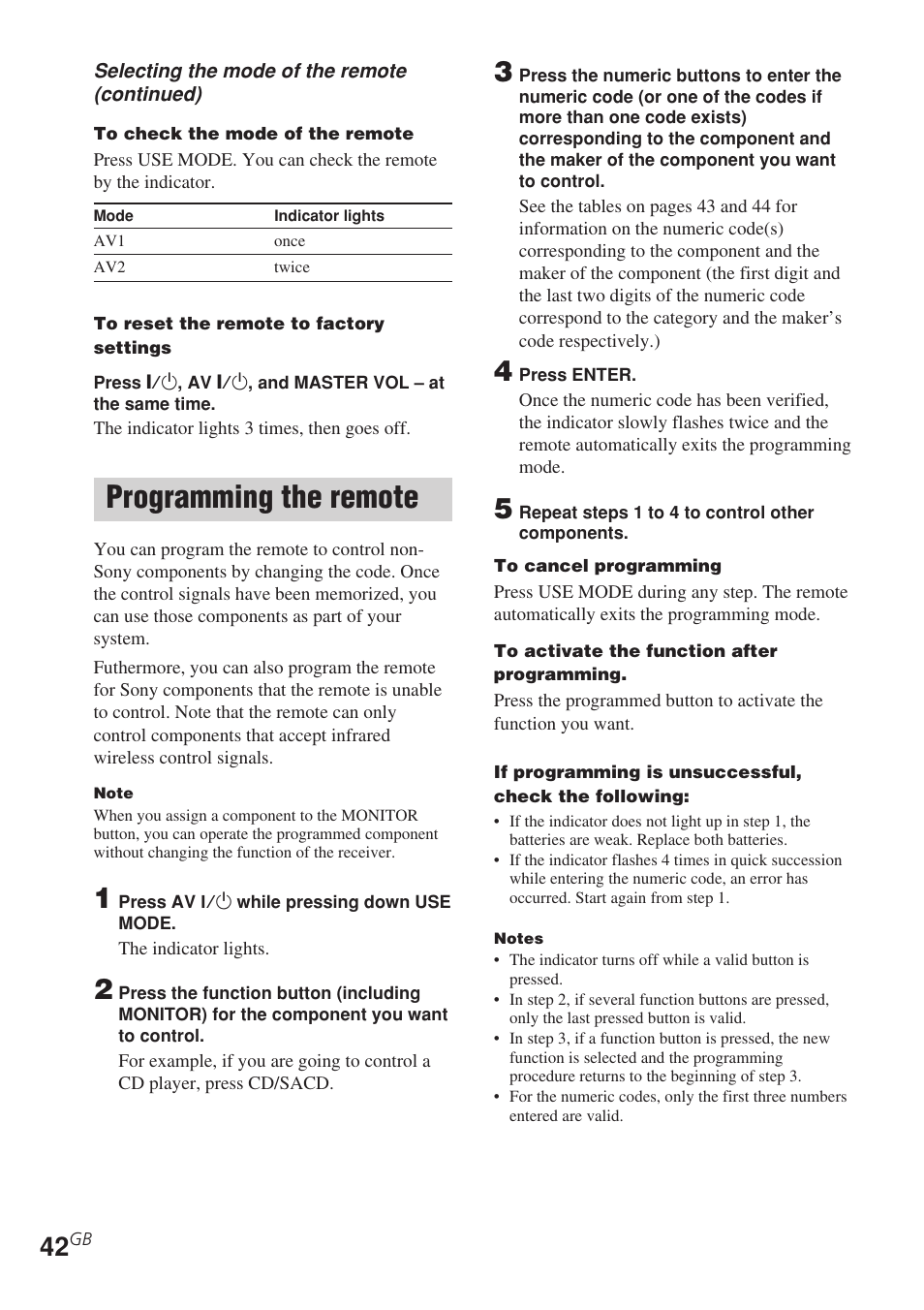 Programming the remote | Sony STR-DE585 User Manual | Page 42 / 56