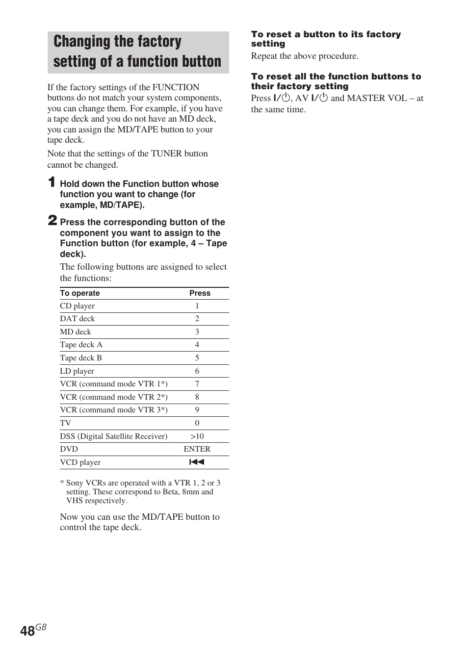 Changing the factory setting of a, Function button, Changing the factory setting of a function button | Sony STR-DE585 User Manual | Page 48 / 56