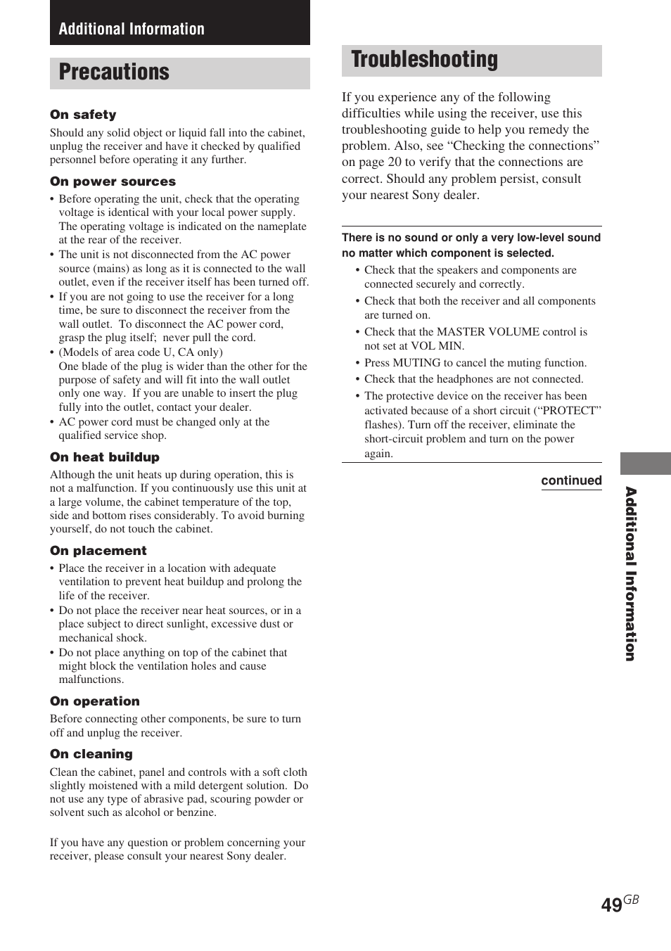 Additional information, Precautions, Troubleshooting | Sony STR-DE585 User Manual | Page 49 / 56