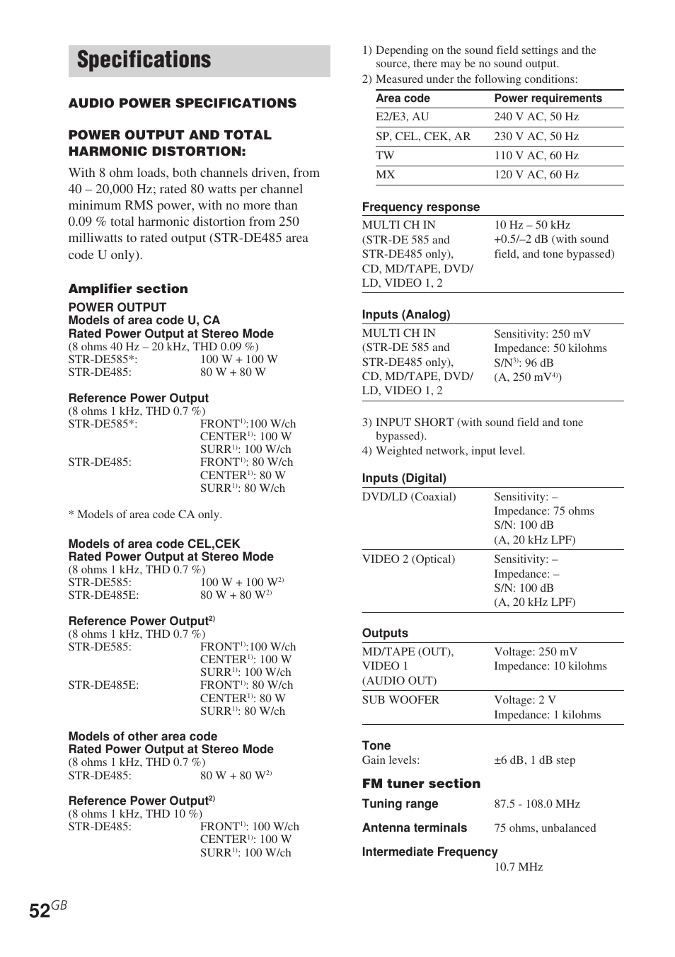 Specifications | Sony STR-DE585 User Manual | Page 52 / 56