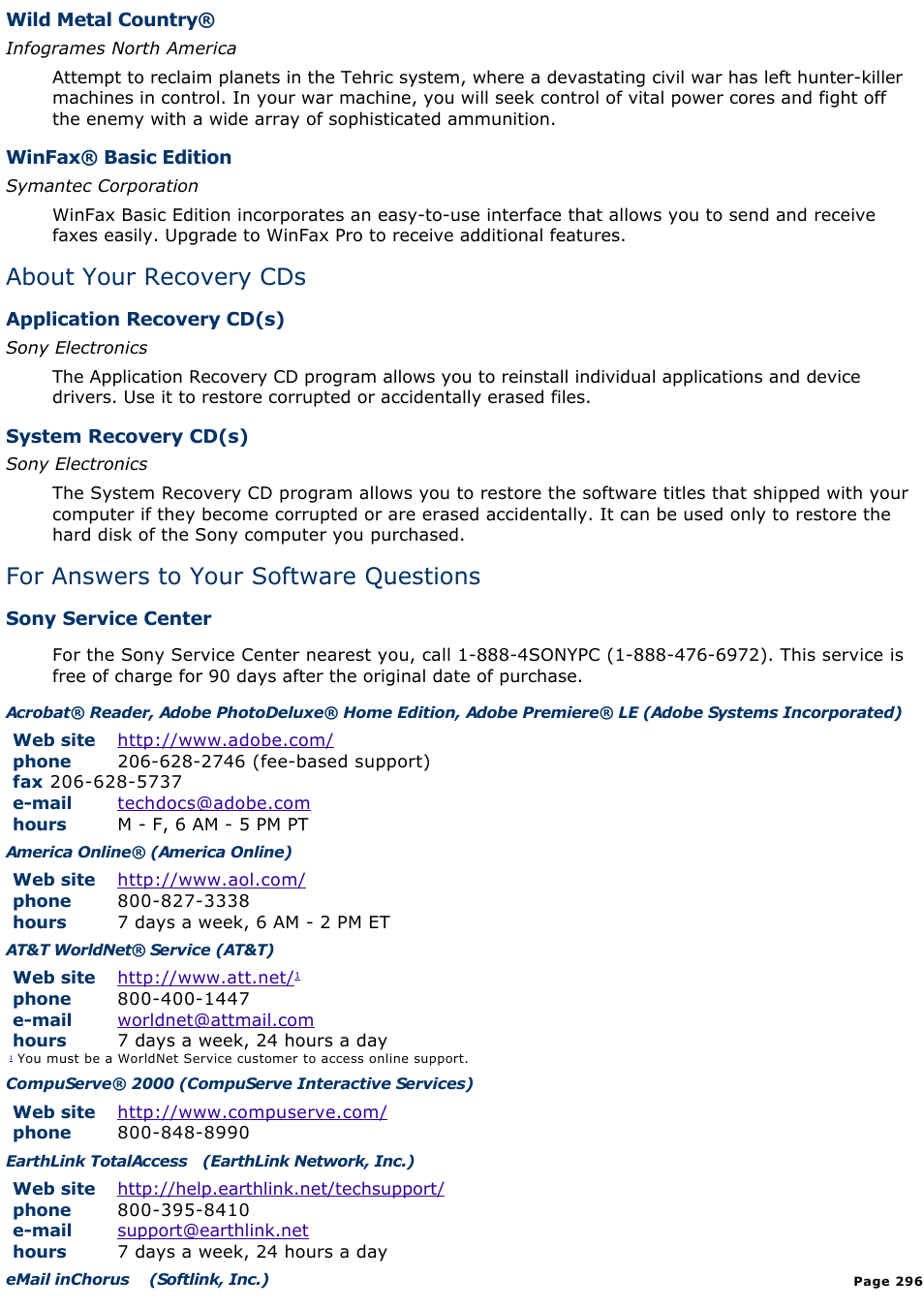 About your recovery cds, For answers to your software questions | Sony PCV-R547DS User Manual | Page 296 / 514