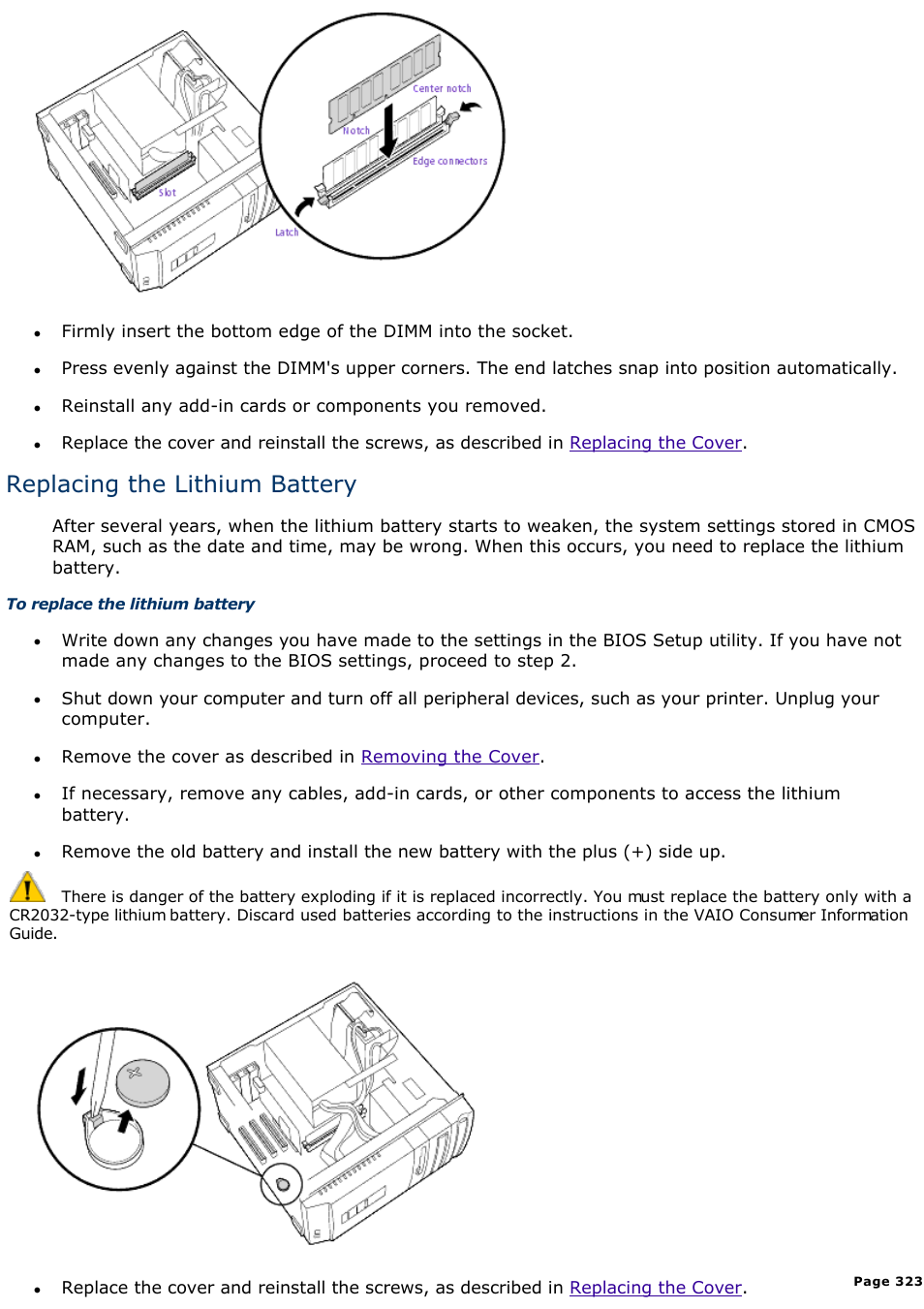 Replacing the lithium battery | Sony PCV-R547DS User Manual | Page 323 / 514