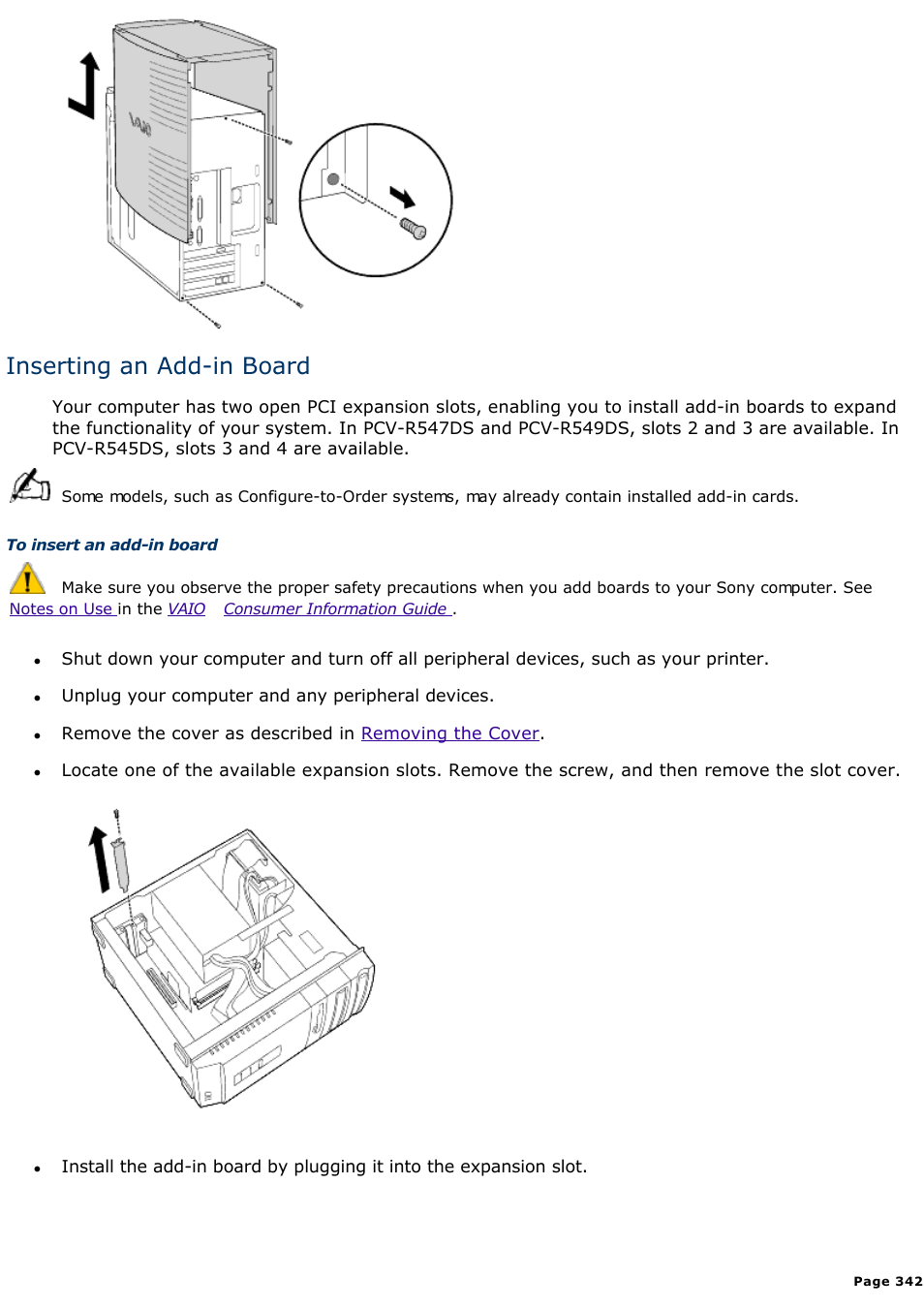 Inserting an add-in board | Sony PCV-R547DS User Manual | Page 342 / 514