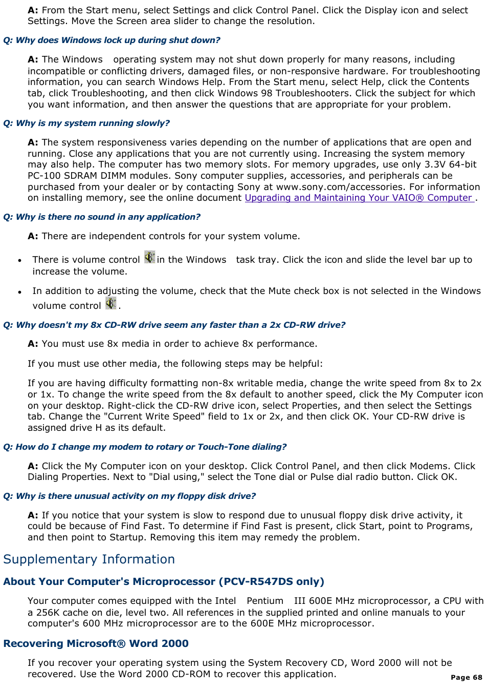 Supplementary information | Sony PCV-R547DS User Manual | Page 68 / 514