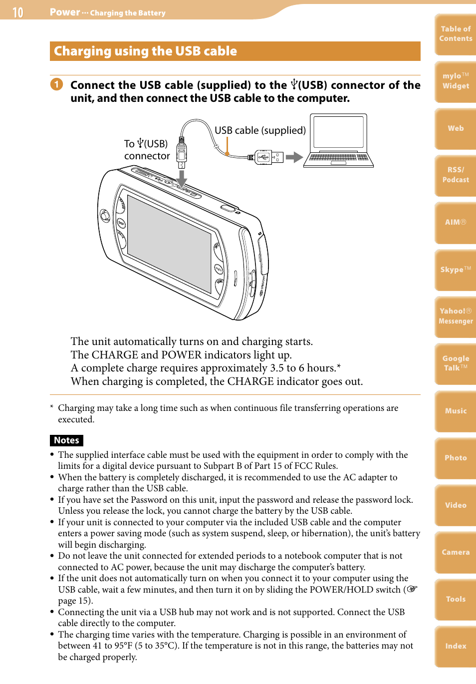 Charging using the usb cable | Sony COM-2 User Manual | Page 10 / 270