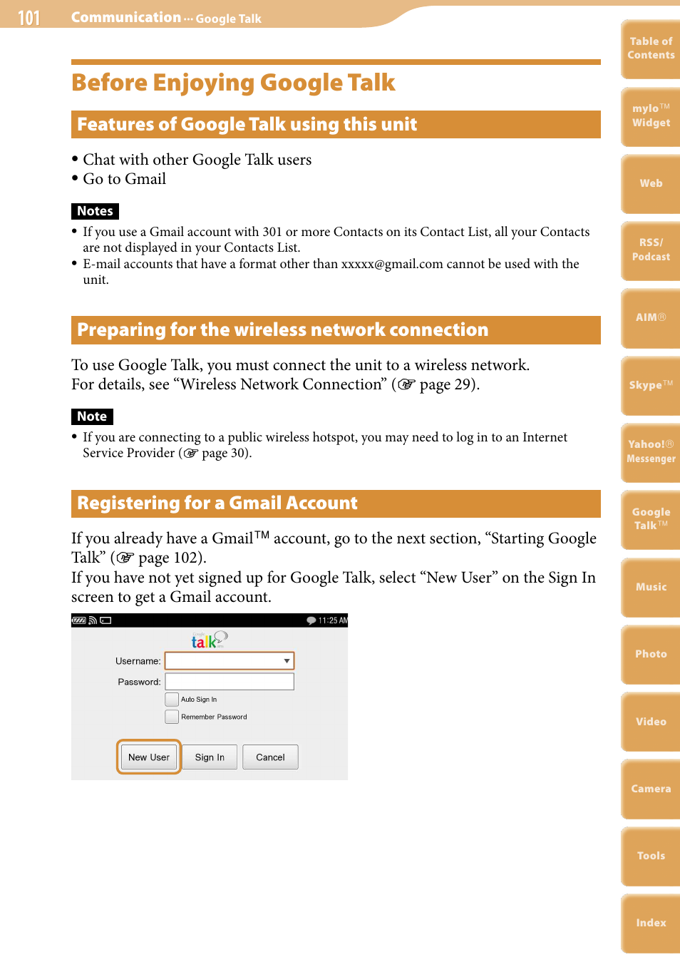 Before enjoying google talk, Features of google talk using this unit, Preparing for the wireless network connection | Registering for a gmail account, Chat with other google talk users, Go to gmail, If you already have a gmail | Sony COM-2 User Manual | Page 101 / 270