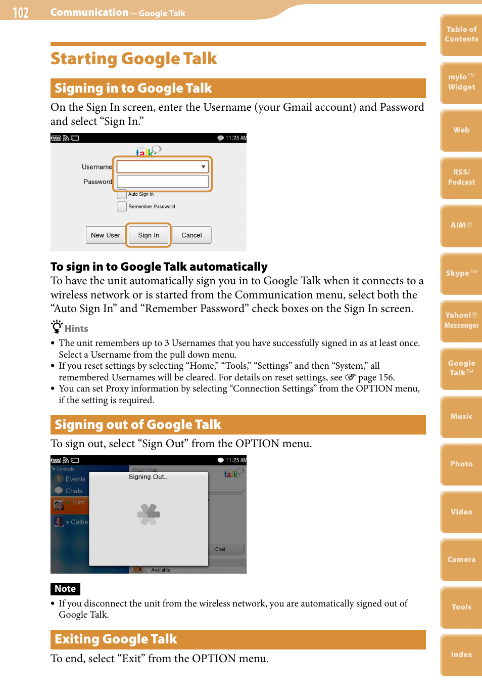Starting google talk, Signing in to google talk, Signing out of google talk | Exiting google talk | Sony COM-2 User Manual | Page 102 / 270