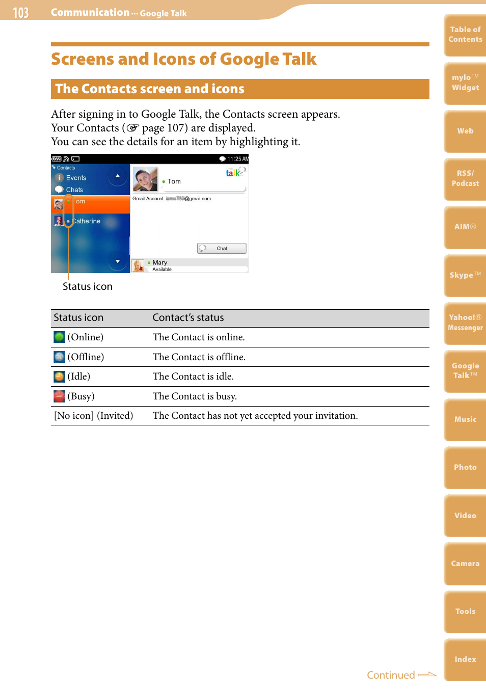 Screens and icons of google talk, The contacts screen and icons | Sony COM-2 User Manual | Page 103 / 270