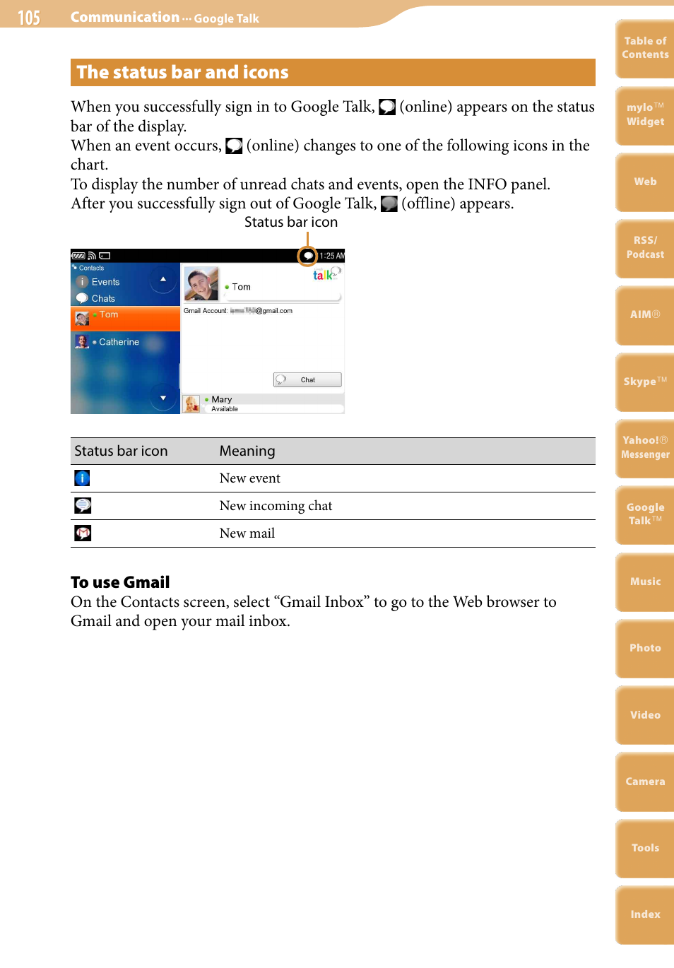 The status bar and icons | Sony COM-2 User Manual | Page 105 / 270