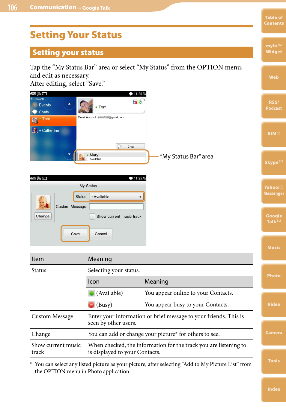 Setting your status | Sony COM-2 User Manual | Page 106 / 270