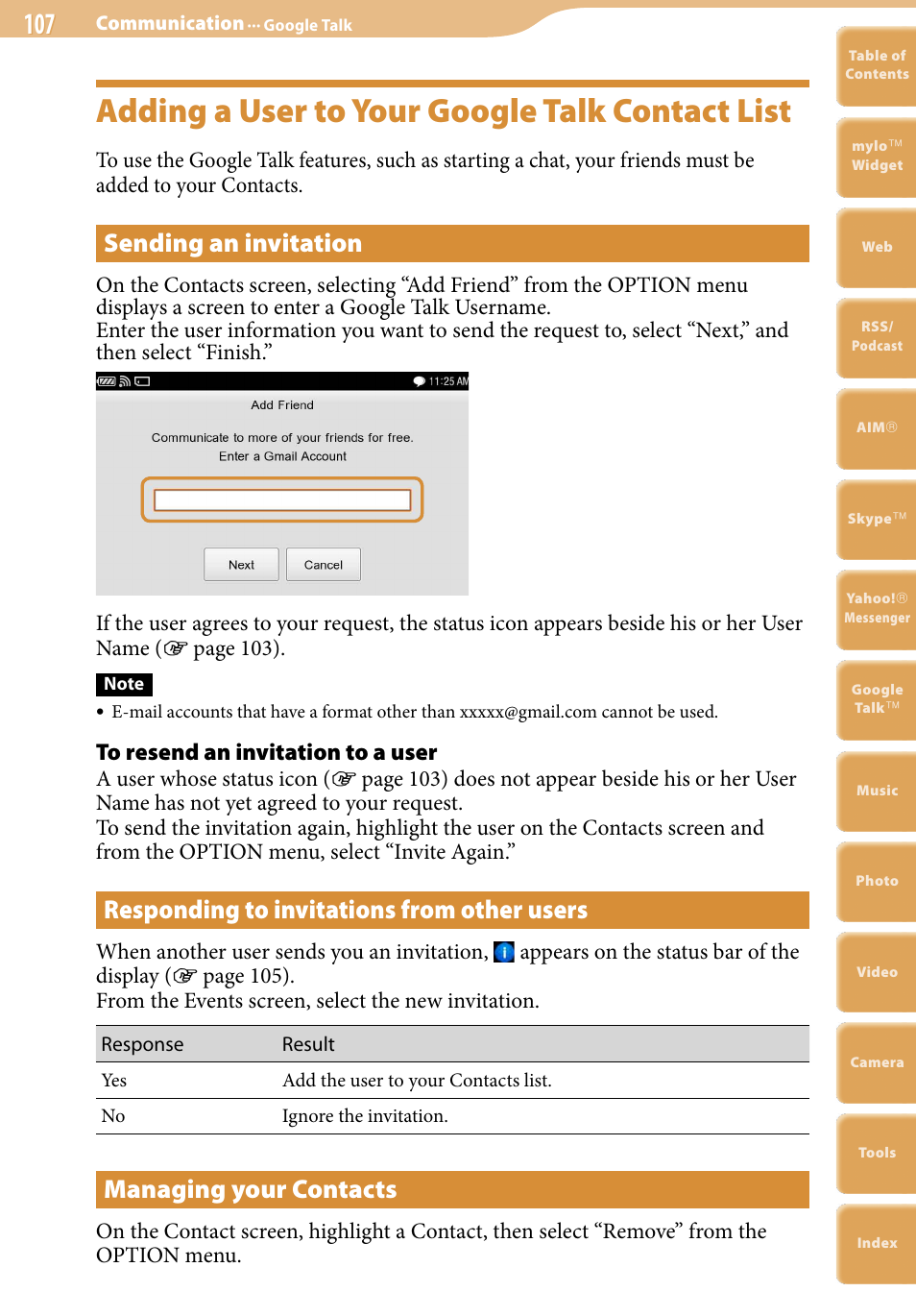 Adding a user to your google talk contact list, Sending an invitation, Responding to invitations from other users | Managing your contacts | Sony COM-2 User Manual | Page 107 / 270