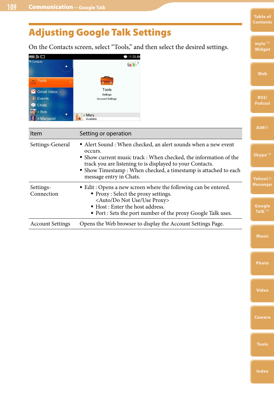 Adjusting google talk settings | Sony COM-2 User Manual | Page 109 / 270