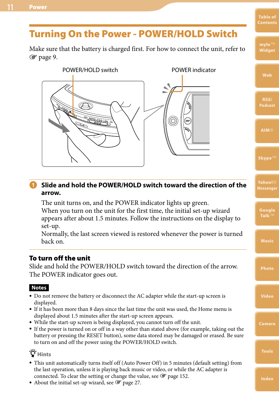 Turning on the power - power/hold switch | Sony COM-2 User Manual | Page 11 / 270